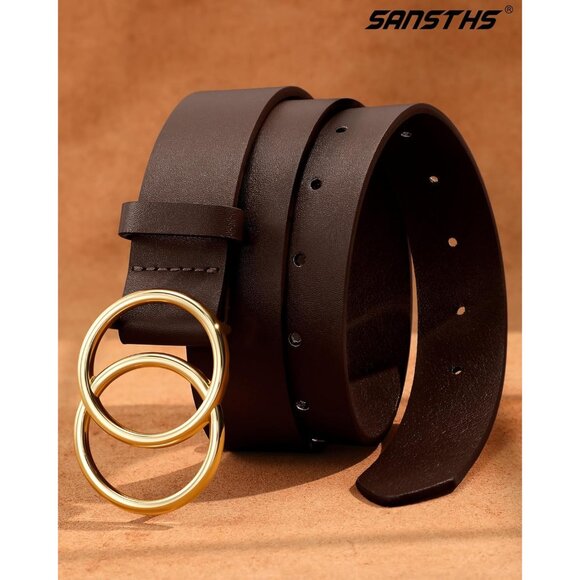 Women's Leather Belt Jeans Pants Fashion Waist Belt Ring Buckle Coffee Gold - Picture 3 of 5